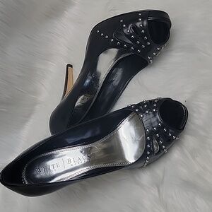 WHITE HOUSE |‎ BLACK MARKET Alice Black Leather Studded Cut Out Peep Toe Heels